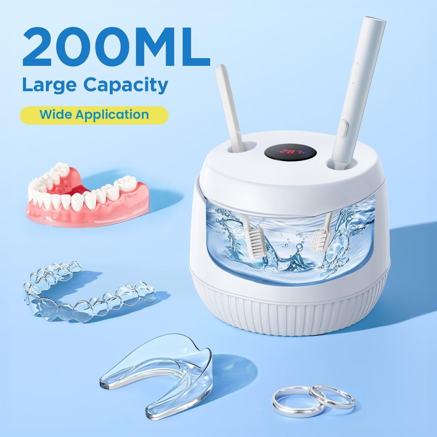 Dental Ultrasonic Retainer Cleaner Machine: 45kHz Dental Cleaning Pod with Digital Timer & 200ML, Cleaning for Dentures, Mouth Guards, Aligners, Night Guards, Braces, Toothbrush Heads & Jewelry - Available at All In One Marketplace Canada