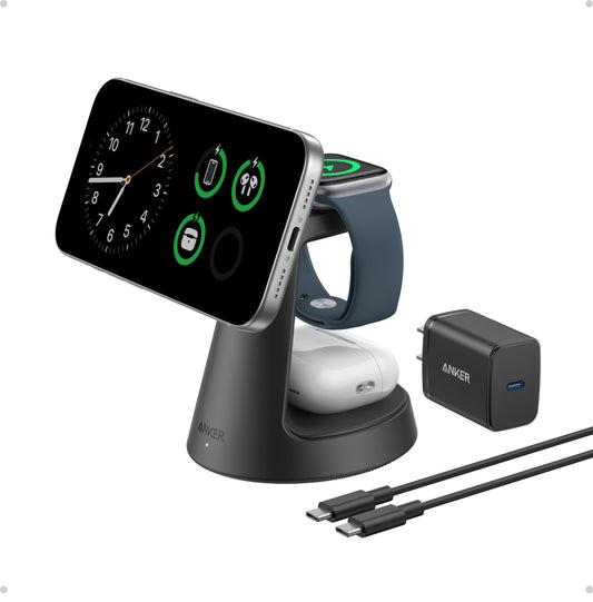 Anker MagSafe Charger Compatible, MagGo 3-in-1 Charging Station, Nano Charging Stand, Qi2 Certified 15W Magnetic Wireless Charger Dock, for iPhone17/16/15/14, Apple Watch,AirPods (Black)