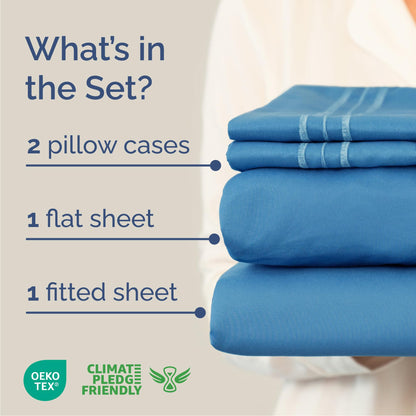 Queen Size 4 Piece Sheet Set - Comfy Breathable & Cooling Sheets - Hotel Luxury Bed Sheets for Women & Men - Deep Pockets, Easy-Fit, Soft & Wrinkle Free Sheets - Denim Blue Oeko-Tex Bed Sheet Set