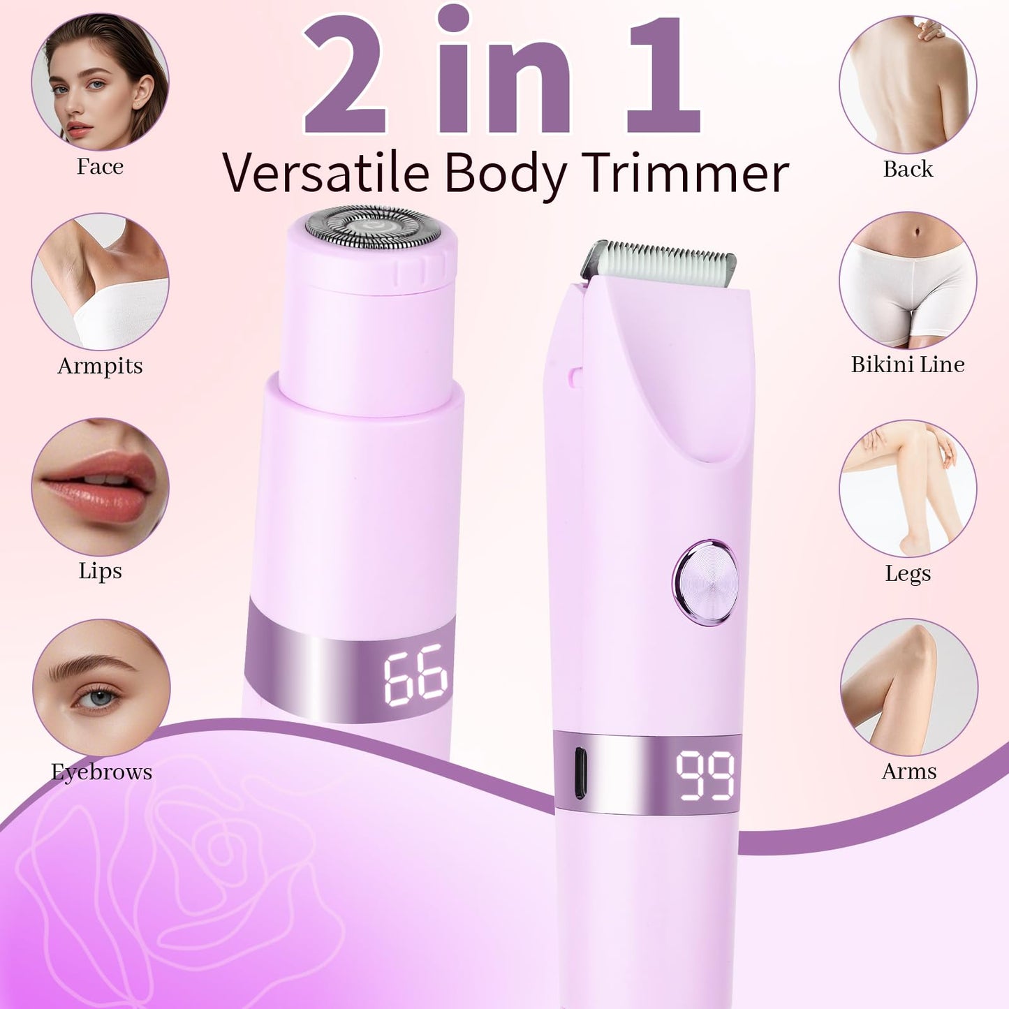 Beanify 2-in-1 Electric Shaver & Bikini Trimmer With LED Display for Women & Men，IPX7 Waterproof Wet/Dry Electric Razor With Dual Head , Rechargeable Painless Body & Facial Hair Remover, Travel-Size (Purple) - Available at All In One Marketplace Canada