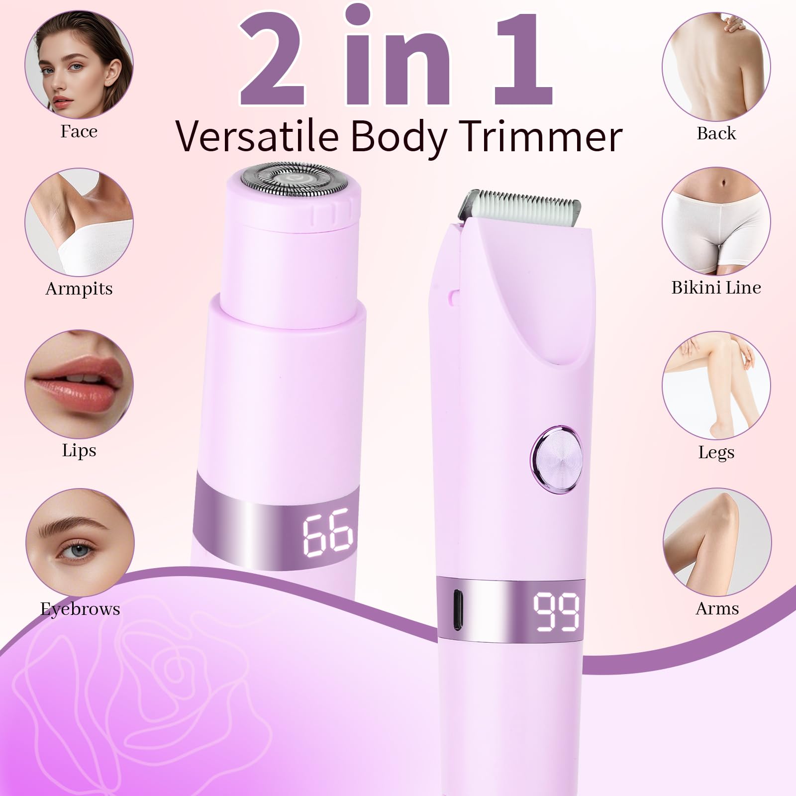 Beanify 2-in-1 Electric Shaver & Bikini Trimmer With LED Display for Women & Men，IPX7 Waterproof Wet/Dry Electric Razor With Dual Head , Rechargeable Painless Body & Facial Hair Remover, Travel-Size (Purple) - Available at All In One Marketplace Canada