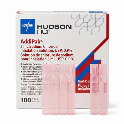 Hudson RCI AddiPak Saline Solution 5 mL Unit Dose Vials 0.9 Percent Single Use Disposable Capsules for Nebulizer Use Accurate Dispensing Travel Friendly Box of 100