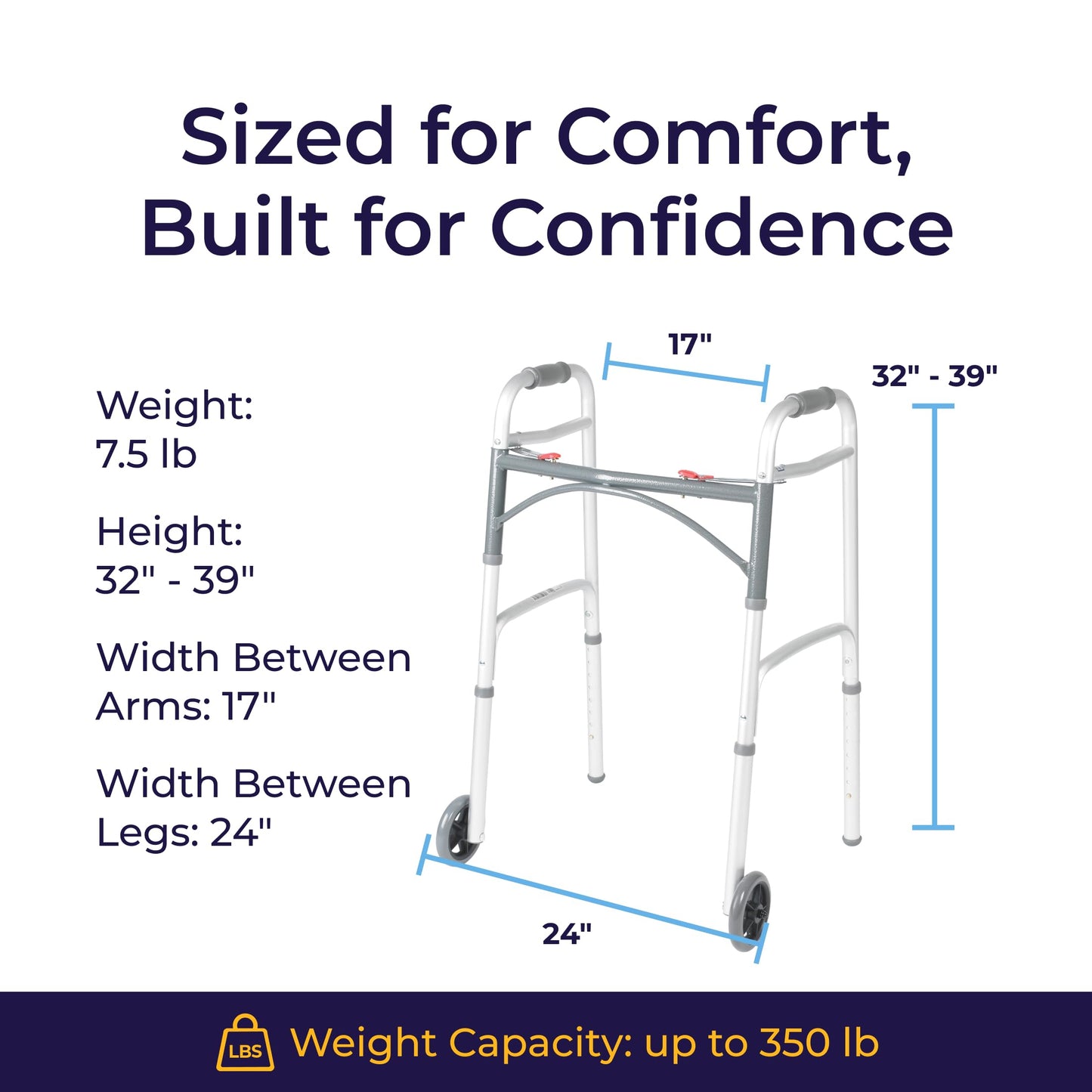 Drive Medical Two-Button Folding Walker w/ Wheels - Lightweight Rolling Mobility Support - Desk Arms - Adjustable Height - Dual Push-Button Operation - 5 Inch Front Wheels - Durable Aluminum - Silver Drive Medical