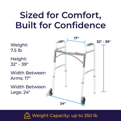 Drive Medical Two-Button Folding Walker w/ Wheels - Lightweight Rolling Mobility Support - Desk Arms - Adjustable Height - Dual Push-Button Operation - 5 Inch Front Wheels - Durable Aluminum - Silver Drive Medical