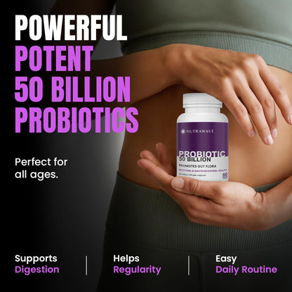 Nutrawave 50 BILLION Probiotics Women & Men, 15 Strains Active Culture. Relieves Bloating and Constipation, Improved Digestion and Gut Health Supplement, Non-GMO, Vegan, Gluten Free. 60 Vegan Capsules/ 60 Day Supply - Available at All In One Marketplace Canada