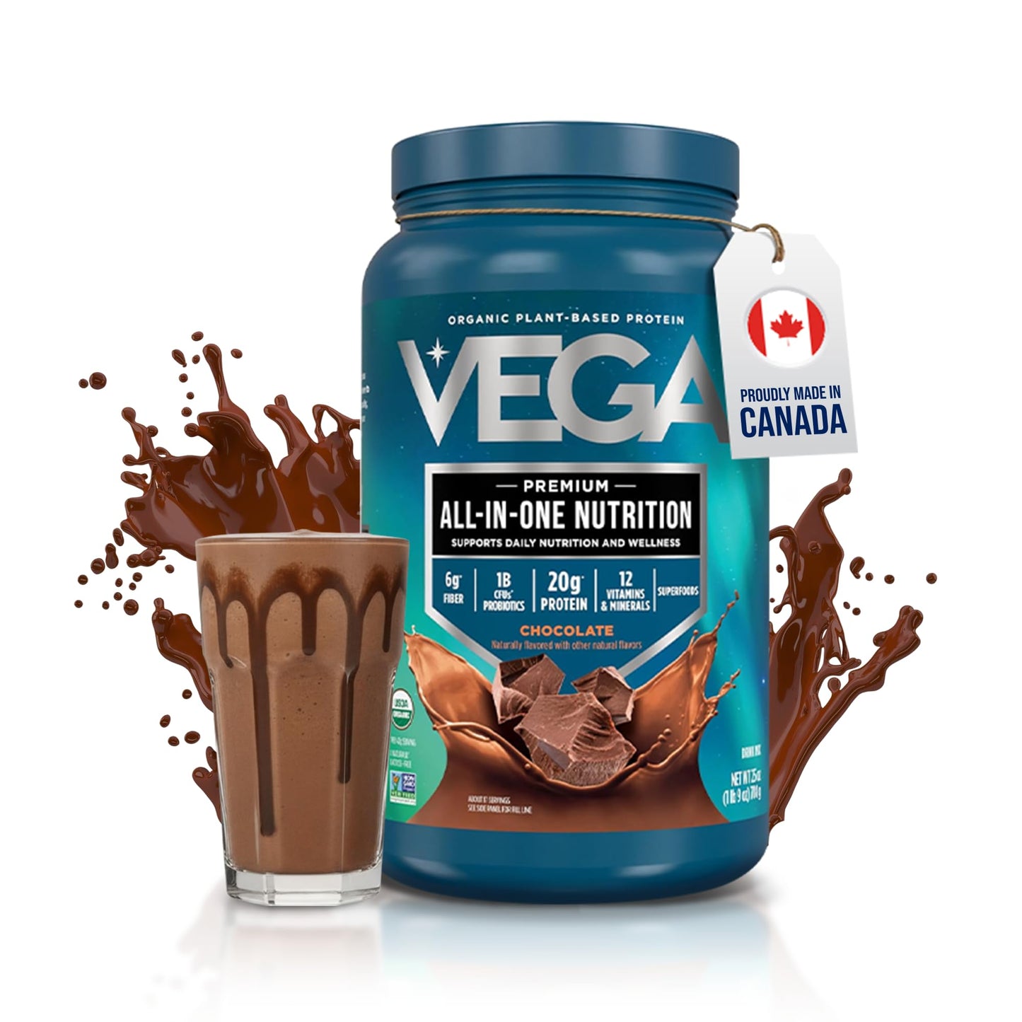 Vega Premium All-in-One Nutrition Protein Powder – 20g Plant-Based Vegan Protein, Vitamins & Probiotics, Chocolate, 876g (19 Servings)
