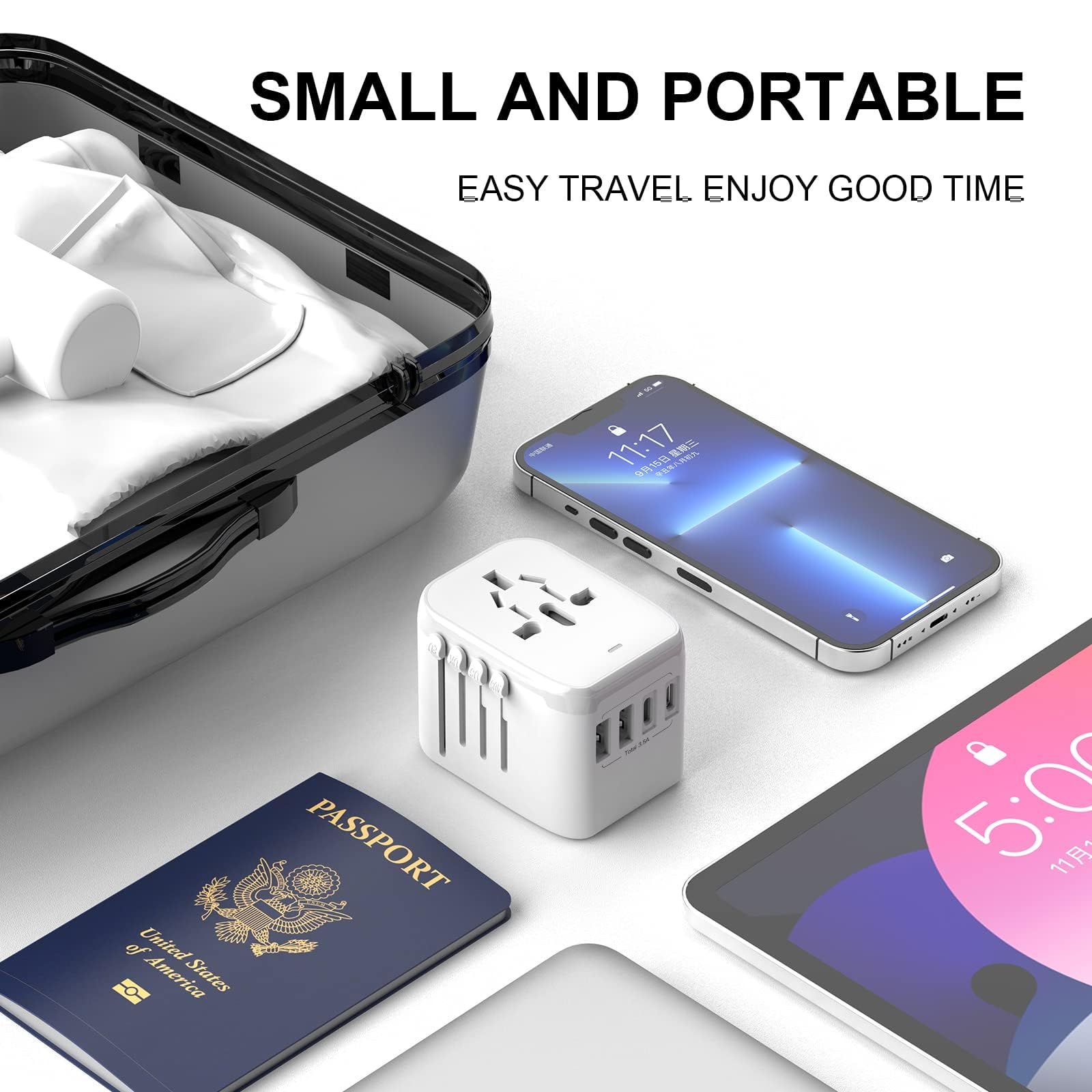 VYLEE Universal International Power Travel Plug Adapter, 5 in 1 European Travel Plug Adapter W/ 3.5A 2xUSB-A and 2xUSB C Wall Charger and Worldwide AC Outlet for Europe USA UK AUS Asia (White)