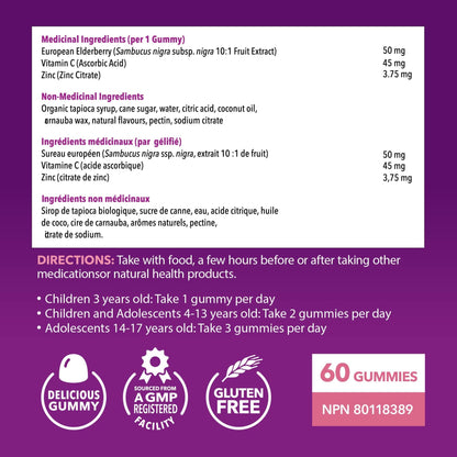 Elderberry Gummies Kids for Cold and Flu Relief | Immune Booster for Kids | Sambucol Black Elderberry Syrup Gummy with Zinc and Vitamin C | Cough, Fever & Sore Throat Support with Antioxidants | 60ct - Available at All In One Marketplace Canada
