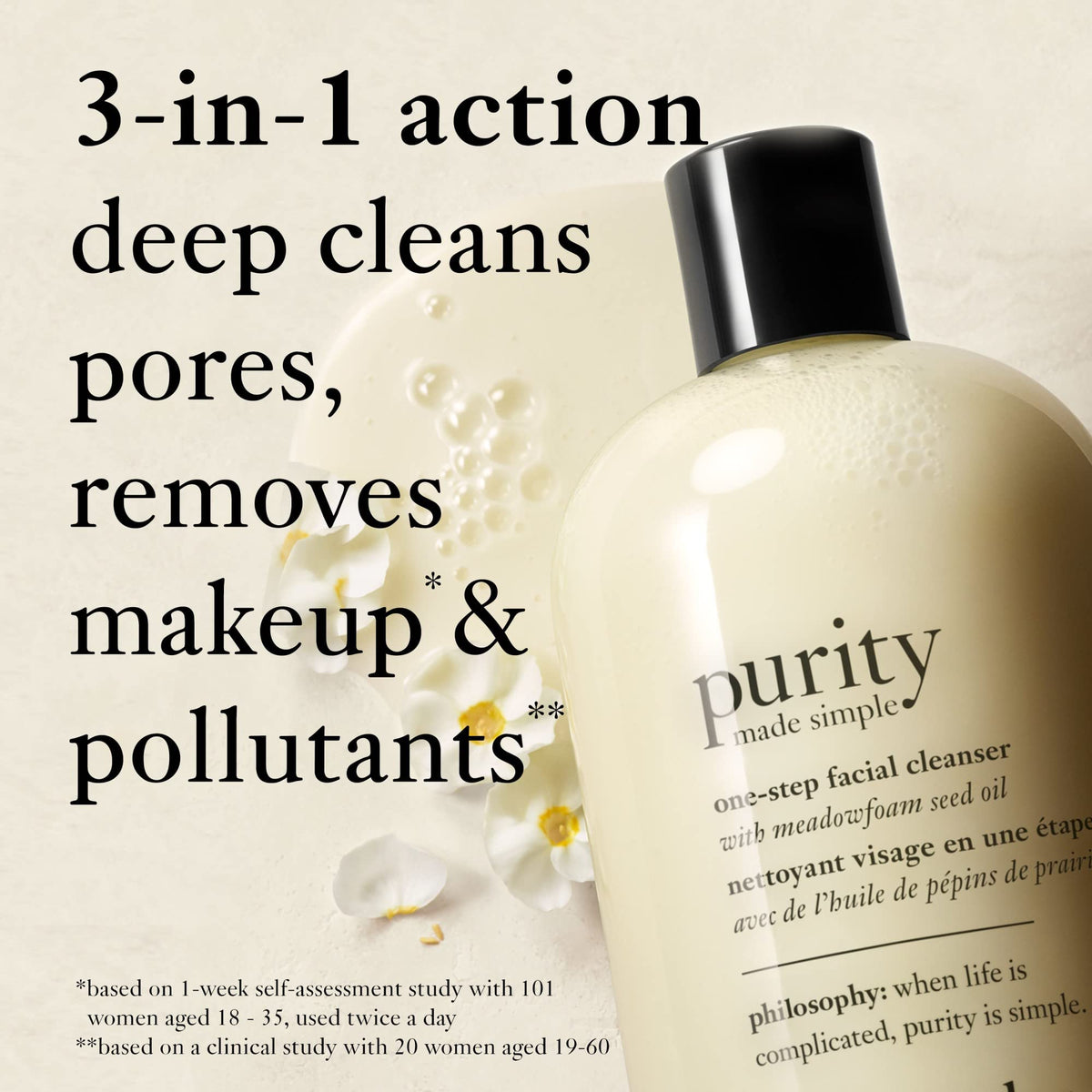 philosophy purity made simple one-step facial cleanser, gentle, respects skin's barrier, skin is soft, conditionned & fresh, removes make-up,240ml