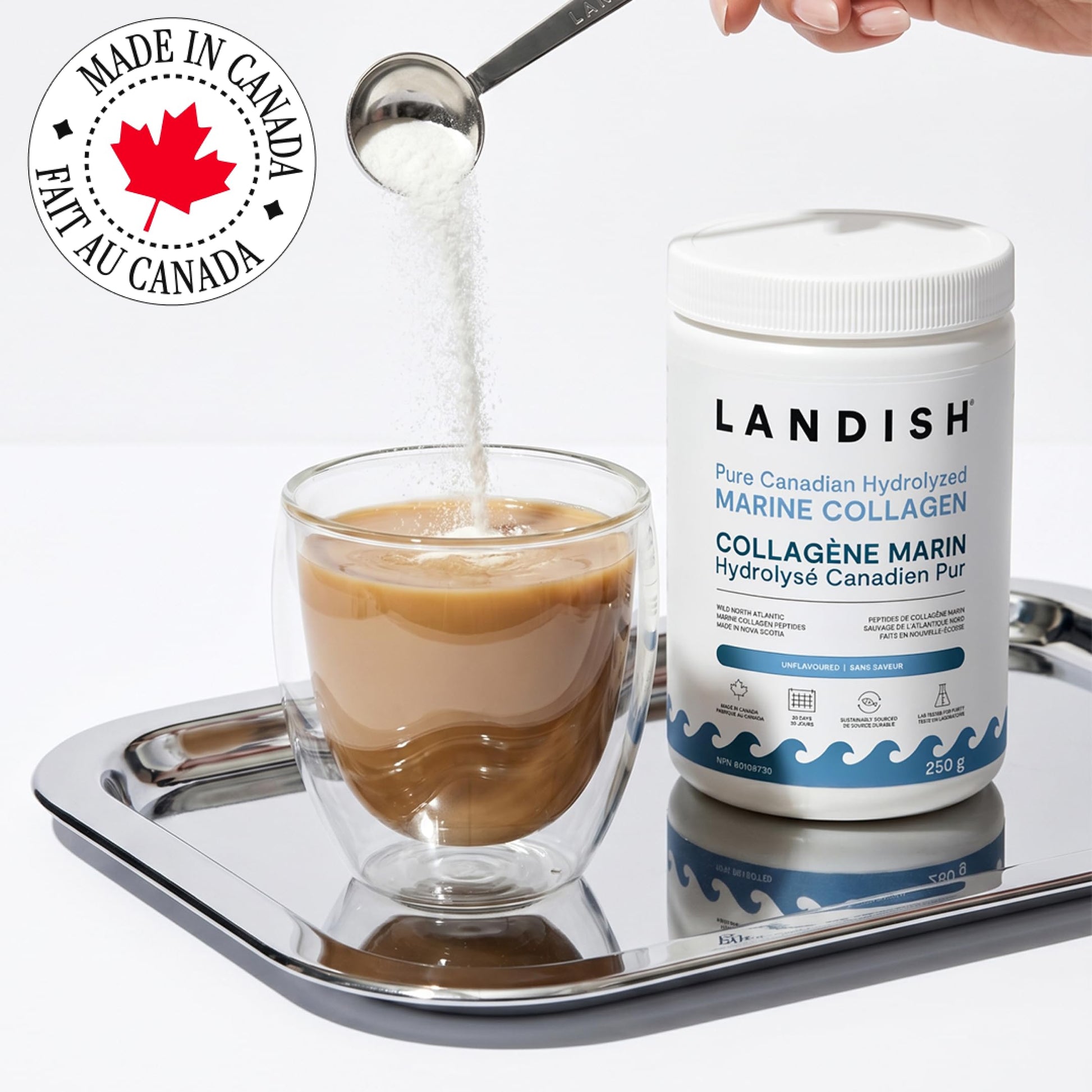 Landish Pure Canadian Marine Collagen Peptides Powder - Whole-Body Benefits & Joint Support, For Women & Men - Hydrolyzed, Unflavoured, Ultra-Pure Protein Supplement - Fully Dissolves, 0 Carb & Sugar - Made in Canada - 250 g (30-Day Supply) - Available at All In One Marketplace Canada