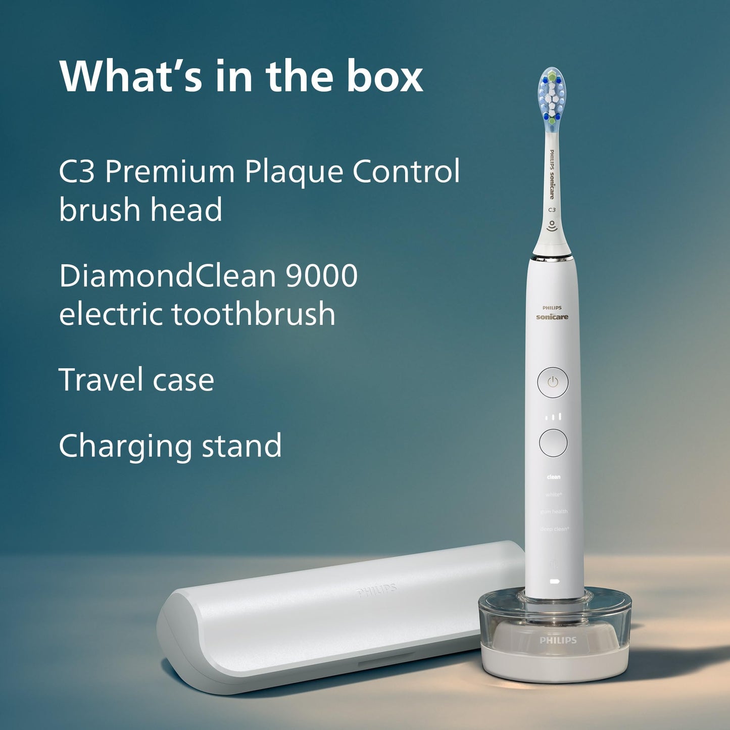 Philips Sonicare DiamondClean 9000 Electric Toothbrush - Sonic Toothbrush with App, Pressure Sensor, 12 Brushing Settings, Replacement Reminder, Charging Stand, Travel Case, White, HX9911/93