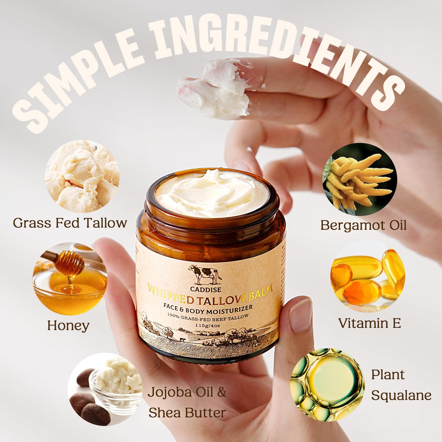 CADDISE Whipped Beef Tallow for Skin – 100% Grass-Fed Handmade Cream Moisturizer for Face & Body, Natural with Honey, Shea Butter, Jojoba Oil, Non-Greasy, Nourishing for Men, Women, Kids, 4 Oz - Available at All In One Marketplace Canada