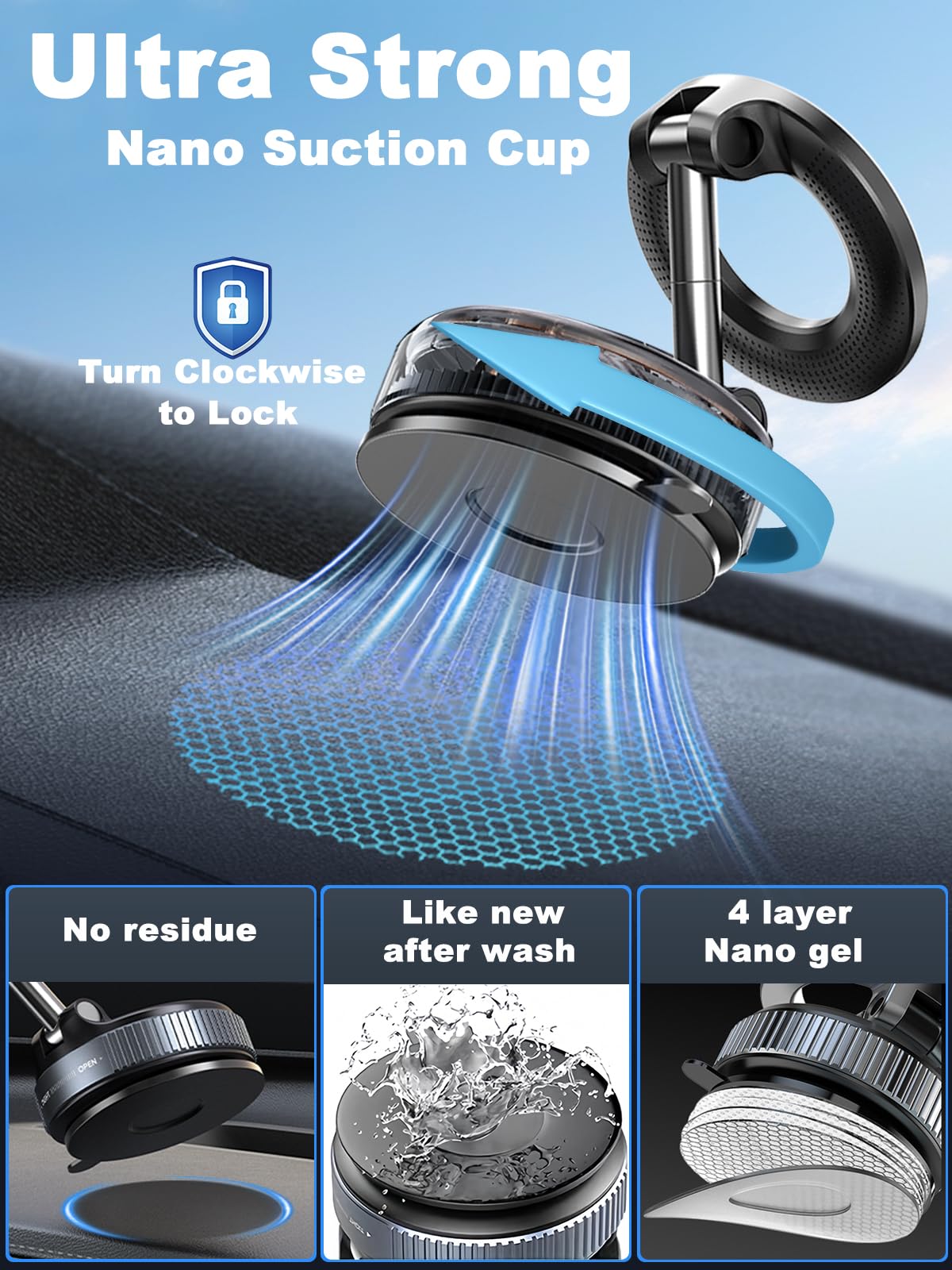 snanlen Upgraded 360° Nano Gel Vacuum Magnetic Phone Holder, Car Phone Holder for Magsafe[108+LBS Strongest Suction & 3000gf Strongest Magnetic], Suction Cup Phone Mount for Car/for iPhone 17 Pro Max