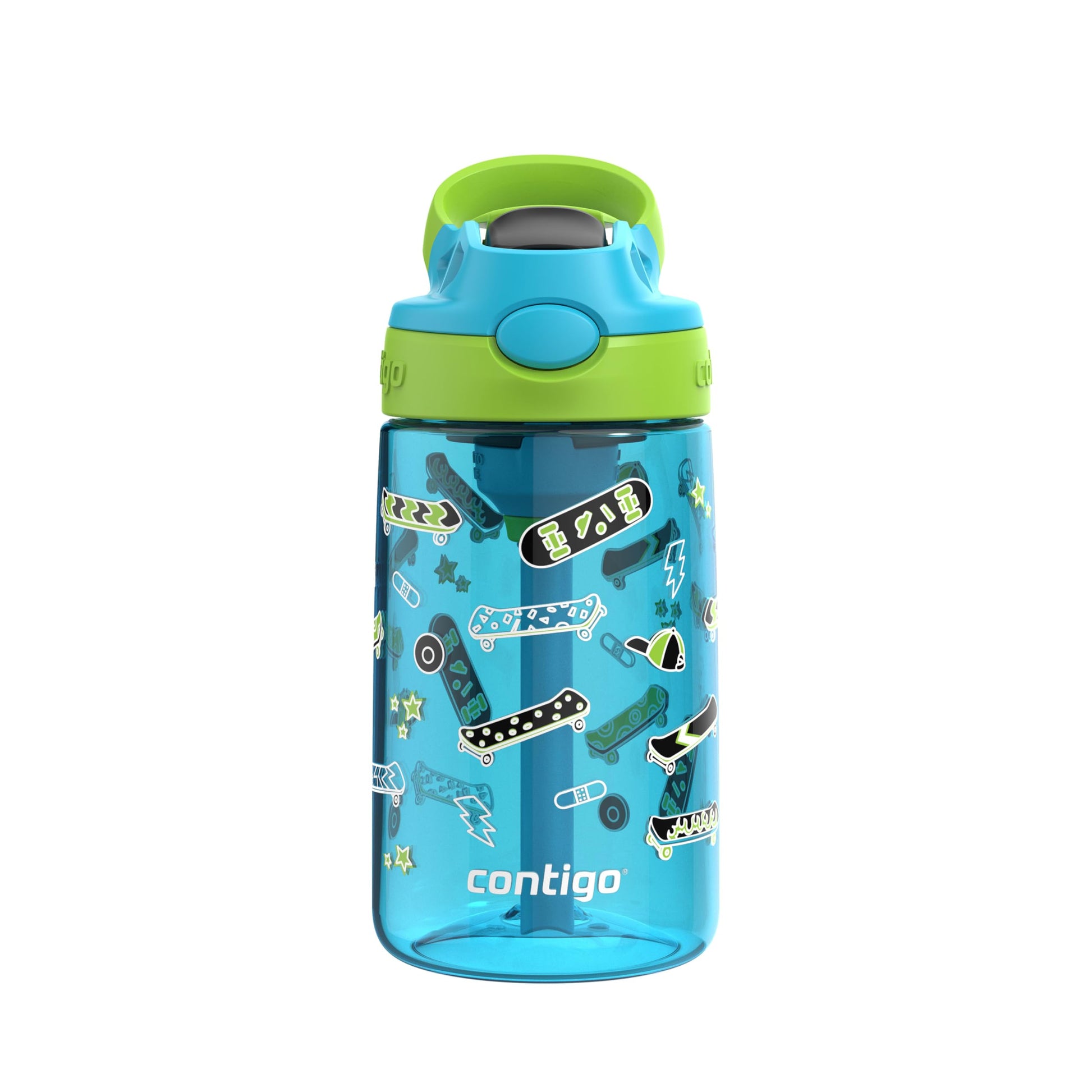 Contigo Kids Aubrey Straw Water Bottle with Leak-Proof Lid, BPA-Free Plastic, Dishwasher Safe, Blue Raspberry Lime Skater, 14 oz (414 mL)