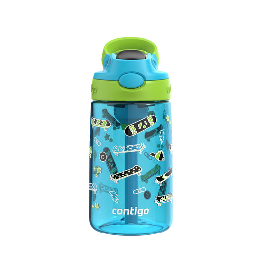 Contigo Kids Aubrey Straw Water Bottle with Leak-Proof Lid, BPA-Free Plastic, Dishwasher Safe, Blue Raspberry Lime Skater, 14 oz (414 mL)
