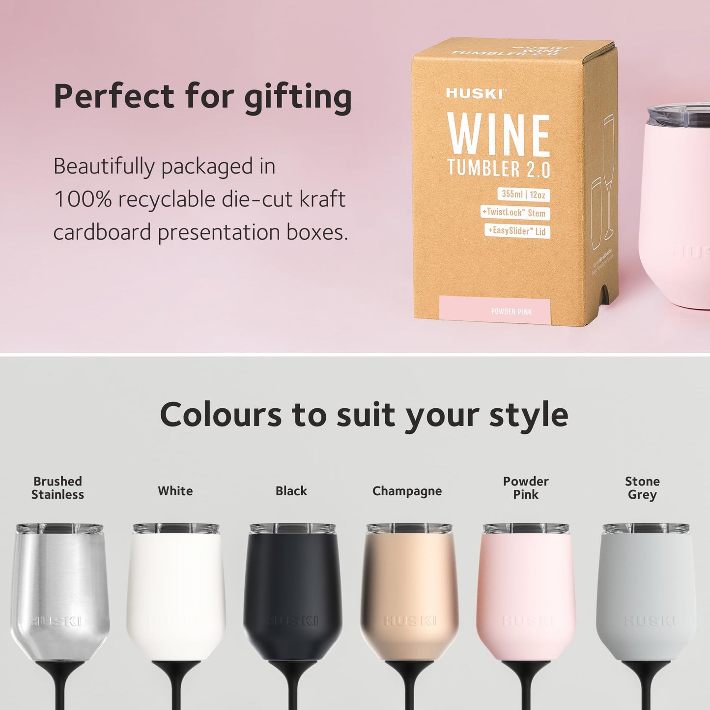 Huski Wine Tumbler 2.0 | New | Award-Winning Design with Detachable Stem | Premium Stainless Steel Wine Glass with Lid | Triple Insulated Tumbler | 355ml Capacity | Great Gift (Champagne)
