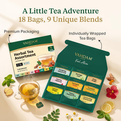 VAHDAM, Assorted Herbal Tea Sampler (18 Tea Bags, 9 Flavors) Caffeine-Free, Non-GMO | Double Infusion, Individually Enveloped Tea Bags | Herbal Tea Assortment 🍁 All In One Marketplace Canada