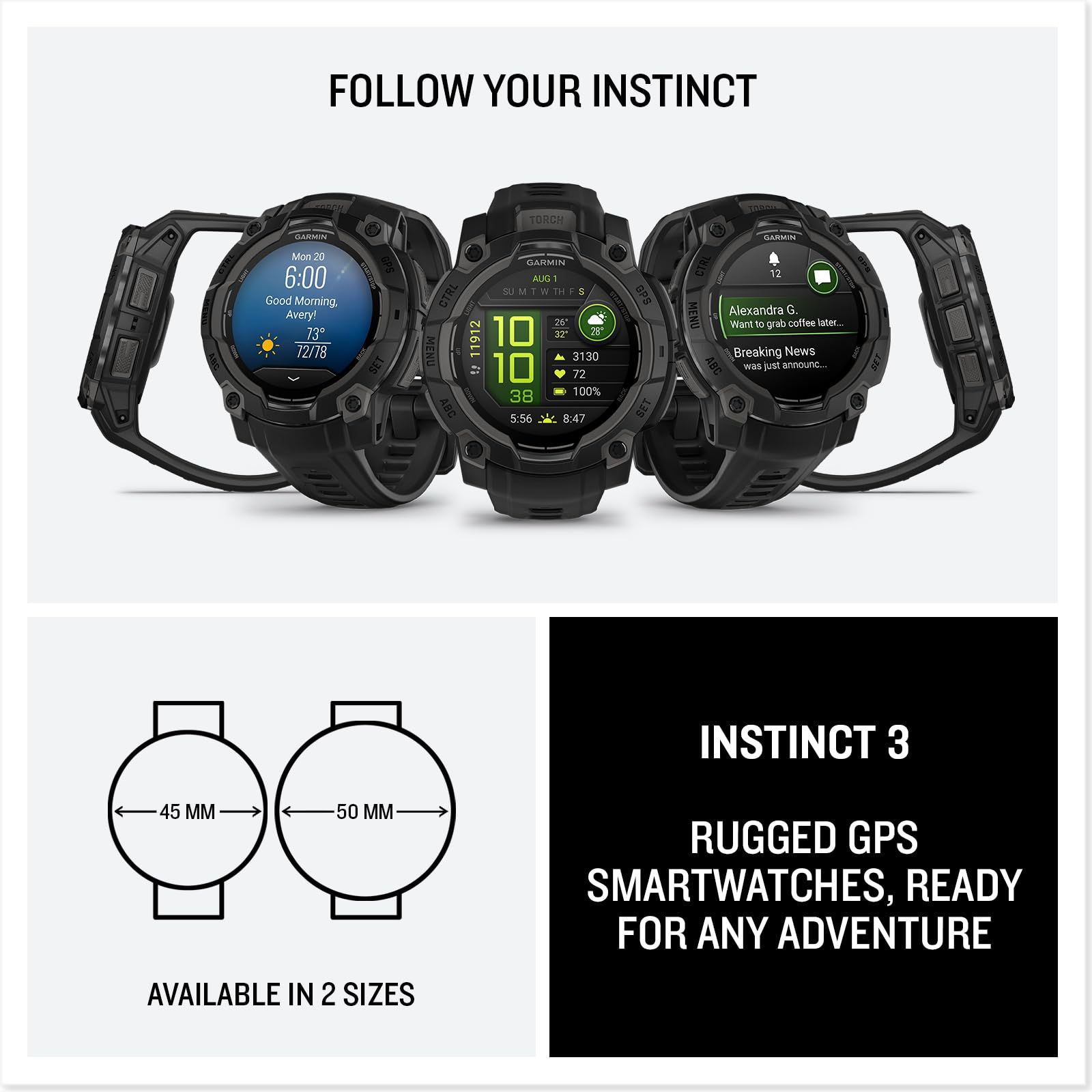 Garmin Instinct® 3 45mm, AMOLED Display, Rugged Outdoor GPS Smartwatch, Metal-Reinforced Bezel, Built-in Flashlight, Up to 18 Days of Battery Life, Black Garmin