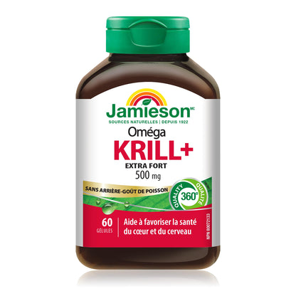 Jamieson Omega Krill Plus 500 mg Softgels, No Fishy Aftertaste, with EPA, DHA, Phospholipids, and Astaxanthin. Supports Hearth Health and Brain Health, Non-GMO, Gluten-Free, 60 Count, Proudly Canadian