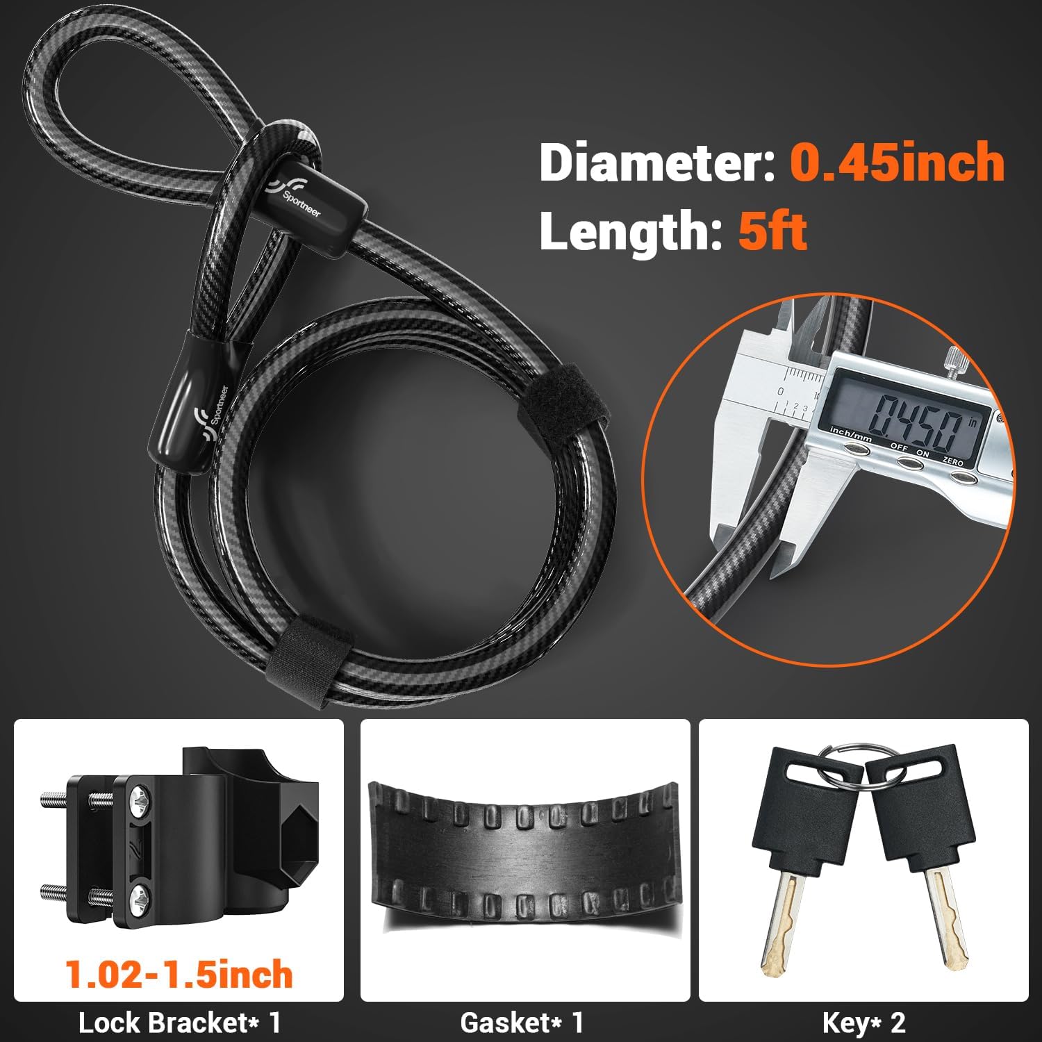 Sportneer Bike Lock: 17mm Heavy Duty Anti-Theft Bike U Lock with 12mm x 1.5m Steel Cable, High-Security Bicycle Lock with 2 Keys & Mounting Bracket for Mountain, Road, Folding & Electric Bikes