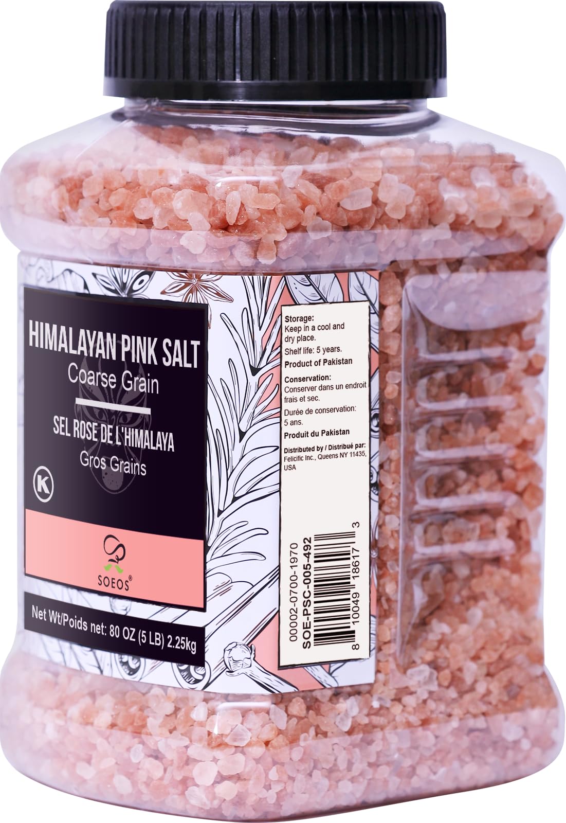 Soeos Himalayan Pink Salt 80oz (2.25kg) - Coarse Grain, Pure Crystal for Grinders