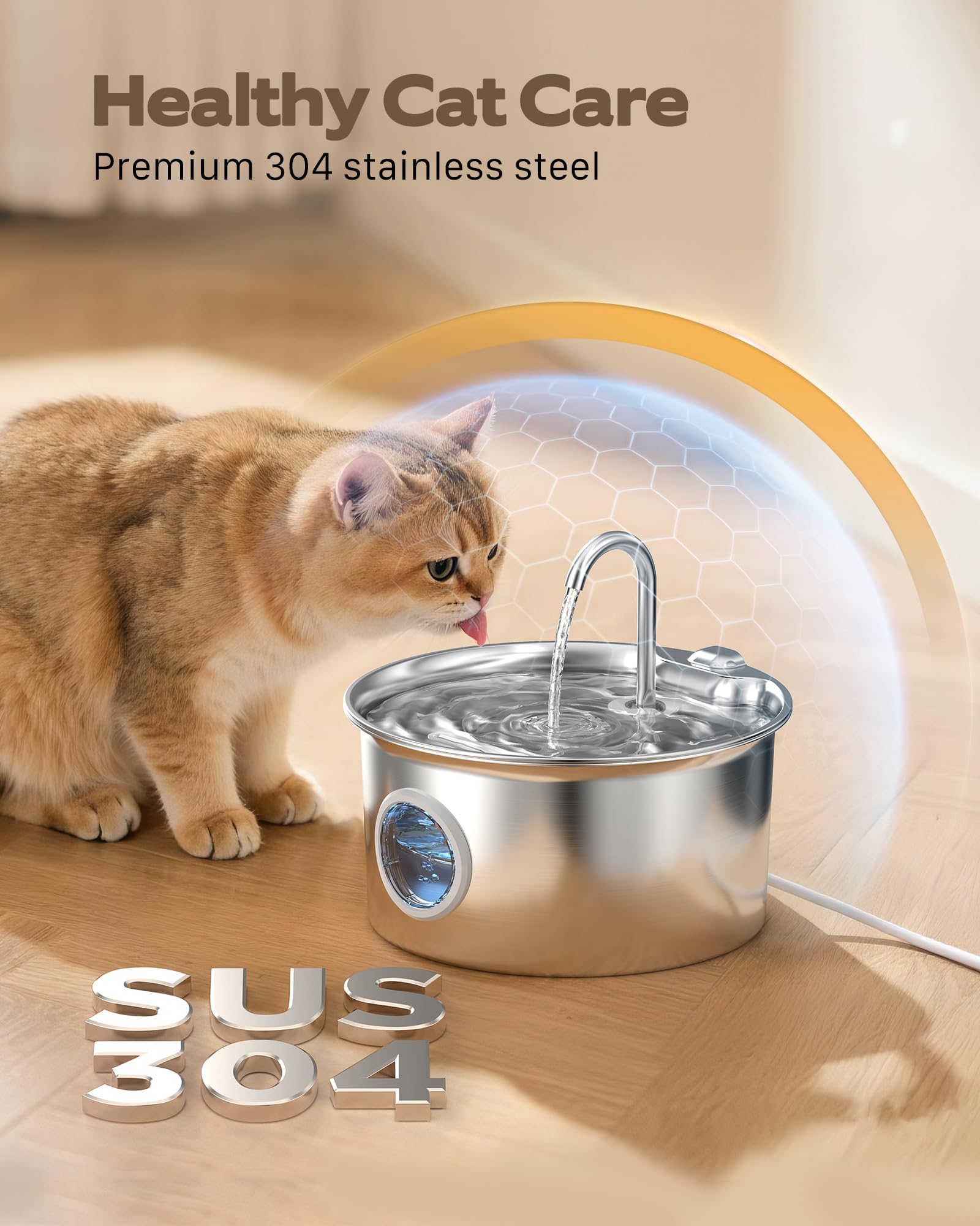 Cat Water Fountain Stainless Steel: Cat Fountain for Drinking - 2.6L Pet Water Fountain Indoor Cats - Quiet Pets Waterer - Cats Water Dispenser - for Small Animals