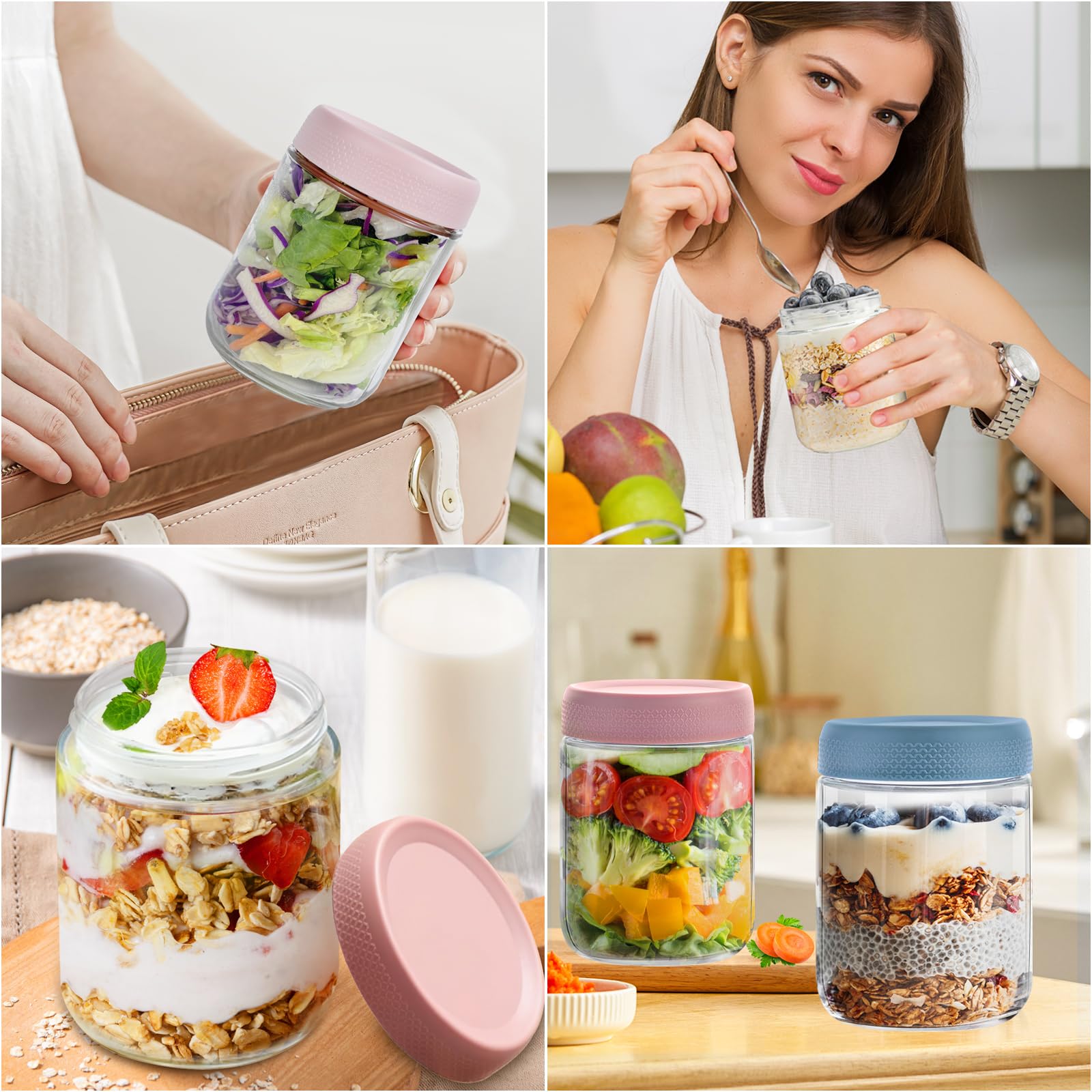 16 OZ Overnight Oats Jar,6 Pack Glass Jar with Lid and Spoon,Reusable Wide Mouth Mason jars for Overnight Oats,Yogurt Snacks Fruit, Salad Dressing, Sauce,Cereal-Leak Proof(500 ml) - Available at All In One Marketplace Canada