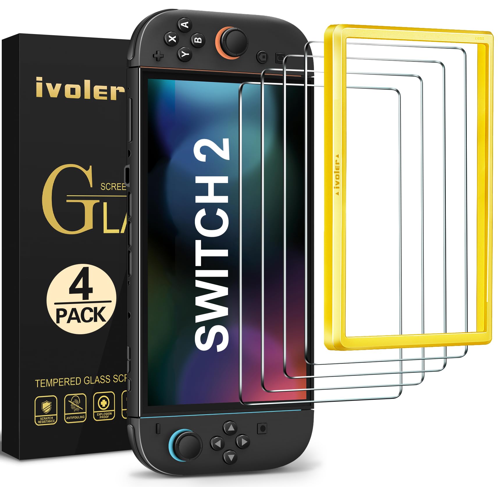 ivoler 4-Pack Screen Protector Tempered Glass for Nintendo Switch 2 Model 2025 with [Alignment Frame] Accessories Transparent HD Clear Anti-Scratch Screen Protector for Nintendo Switch 2, 7.9-Inch