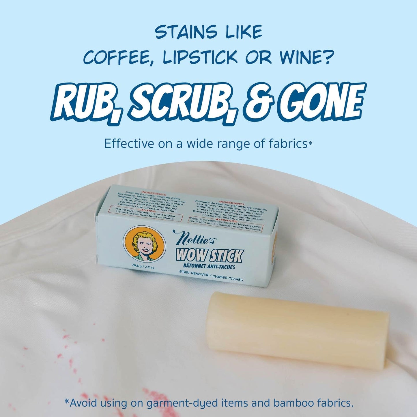 Nellie's Wow Stick - Stain Remover for Fabrics & Clothes - Cleans Grass, Makeup, Wine, Grease, Coffee, Blood and Pet Stains for Fabrics, Laundry, and More - Plant-Based & Eco-Friendly (2.7 oz.) - Available at All In One Marketplace Canada