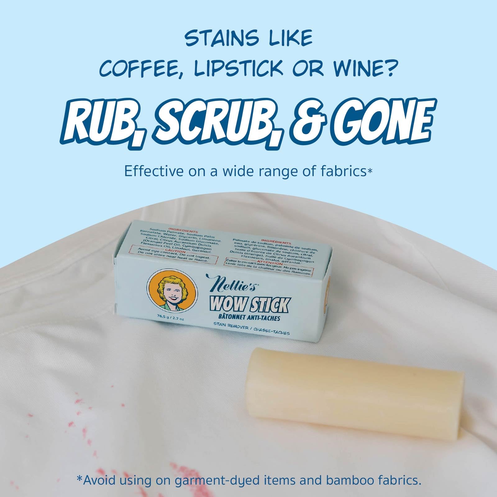 Nellie's Wow Stick - Stain Remover for Fabrics & Clothes - Cleans Grass, Makeup, Wine, Grease, Coffee, Blood and Pet Stains for Fabrics, Laundry, and More - Plant-Based & Eco-Friendly (2.7 oz.) - Available at All In One Marketplace Canada