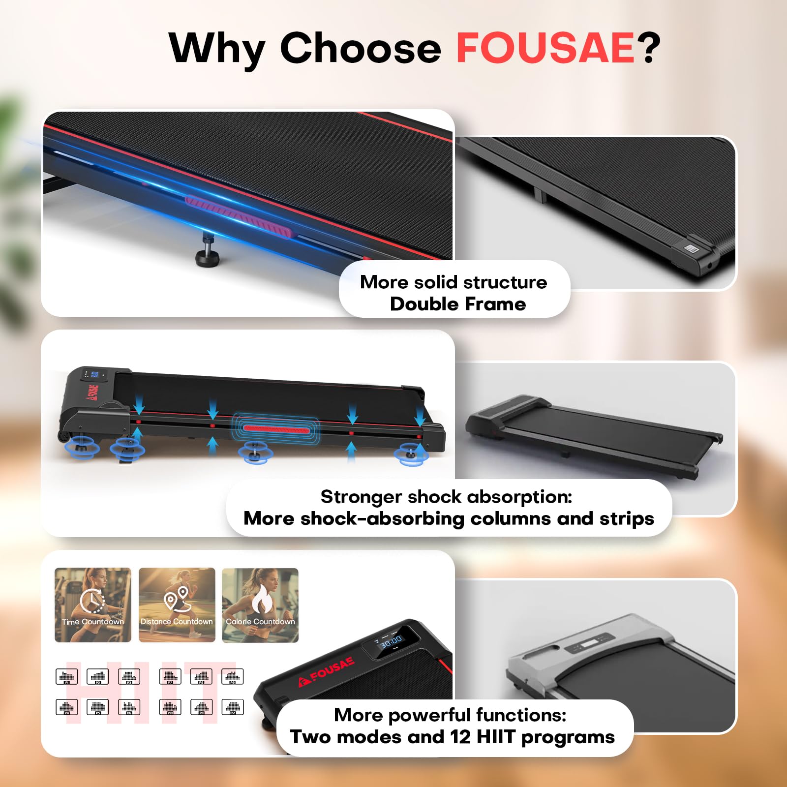 Walking Pad, FOUSAE 3 in 1 Max 6.2 MPH Treadmill for Home with Double Frame 330 LB Weight Capacity, Powerful 2.5 HP Wider Belt Walking Pad with 9% Incline, 12 HIIT Programes, Magnetic Remote Control