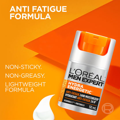 L’Oréal Paris Men Expert Anti Fatigue Daily Moisturizer for Men with Vitamin C & Protein, 24HR Non Greasy Hydration, For Dry and Dull Skin, Reduces look of fine lines & dark circles, Hydra Energetic, 50ml