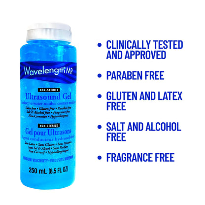 Wavelength® MP Multi-Purpose Ultrasound Gel. Hypoallergenic, Non-Greasy, Premium-Quality. For Ultrasound, Physiotherapy, Cavitation & Aesthetic Devices. Made in Canada. Transmission Gel. 250ml Bottles. (Blue 250ml x 2)