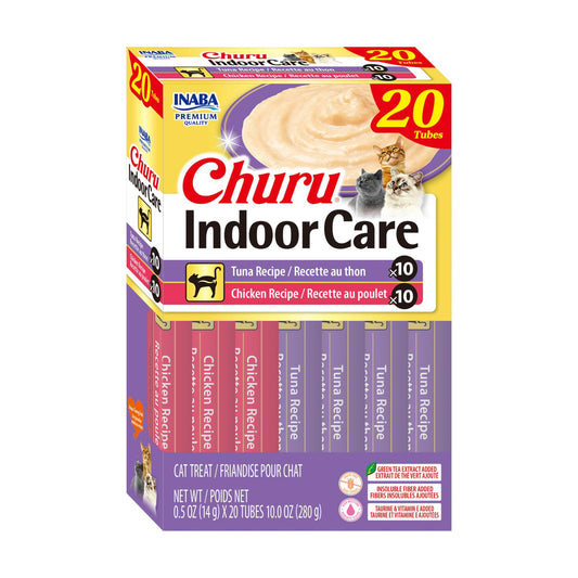 INABA Churu Indoor Care for Hairball Control, Functional Lickable Cat Treat with Taurine & Green Tea Extract, 14 Grams Each, 20 Tubes Total, Tuna & Chicken Variety