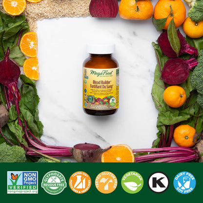 MegaFood Blood Builder - Vegan Iron Supplements with Vitamin C, Folic Acid, Vitamin B12, Beet Root - Iron Supplement for Anemia Prevention - 30 Tablets - Available at All In One Marketplace Canada