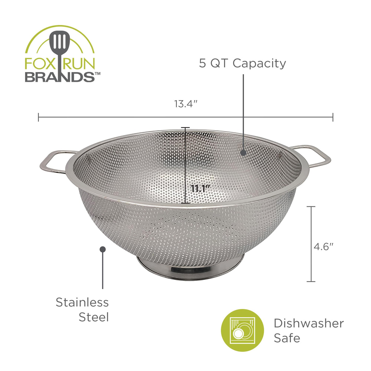 Fox Run Stainless Steel Colander, Large 5 Quart Pasta Strainer with Handles