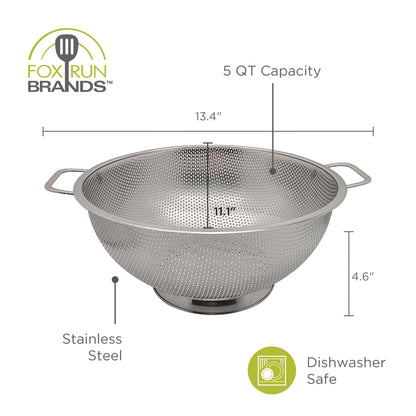 Fox Run Stainless Steel Colander, Large 5 Quart Pasta Strainer with Handles