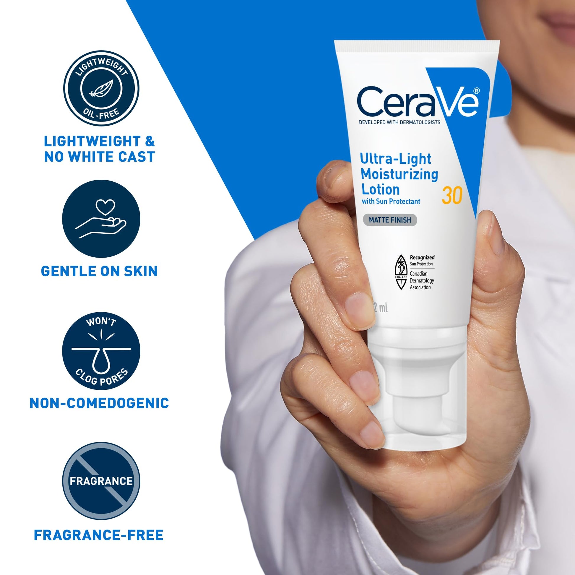 CeraVe Ultra-light Face Moisturizer with SPF 30. Hyaluronic Acid face sunscreen lotion for Men & Women, Normal to Oily & sensitive skin. Fragrance-Free, Oil-Free, Non-Comedogenic, Travel Size 52 ML