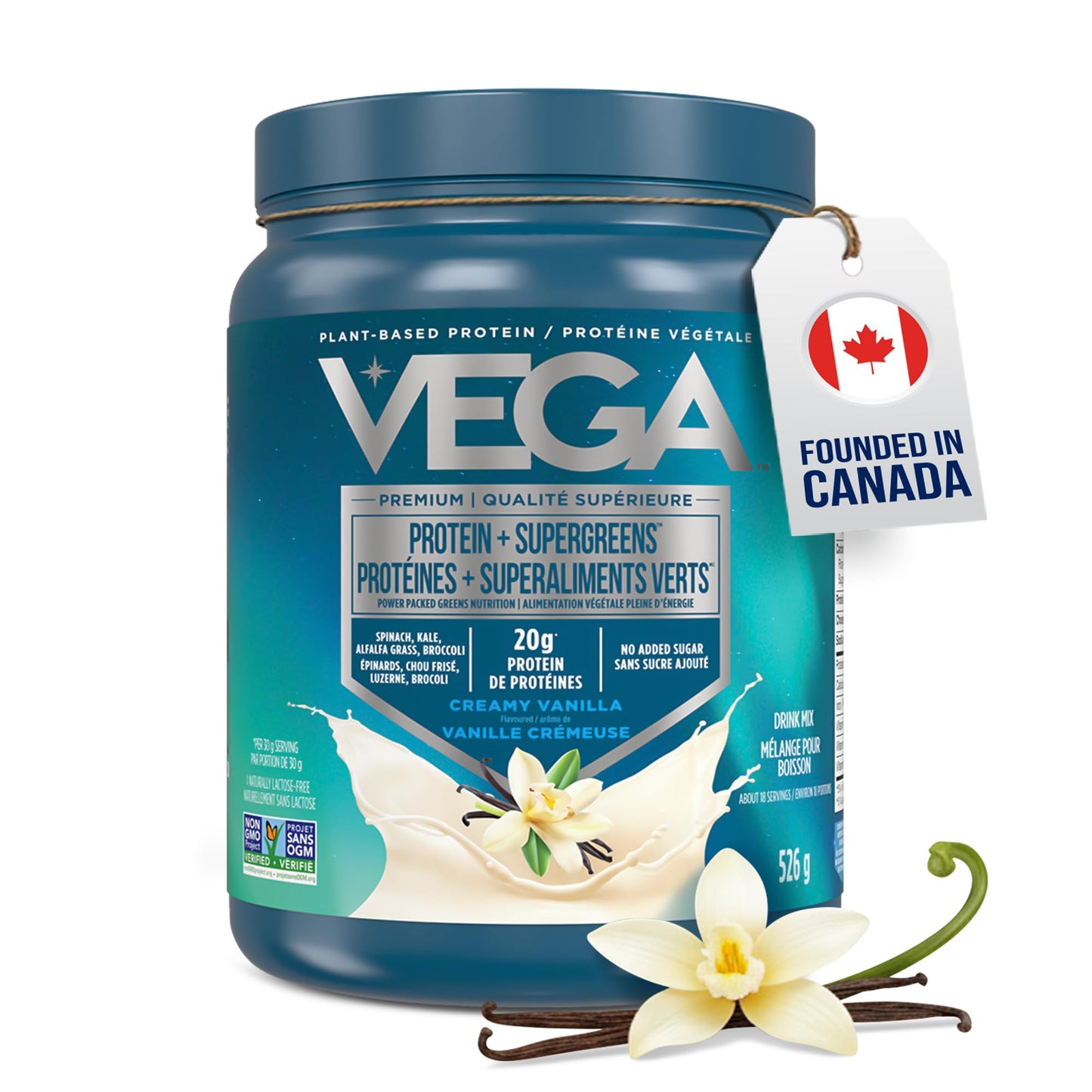Vega Protein + Supergreens - 20g Plant-Based Pea Protein with Veggies, Vanilla, 18 Servings, Vegan Keto, Non-GMO, Gluten Free, Dairy Free, Low Carb, 526g (Packaging May Vary)