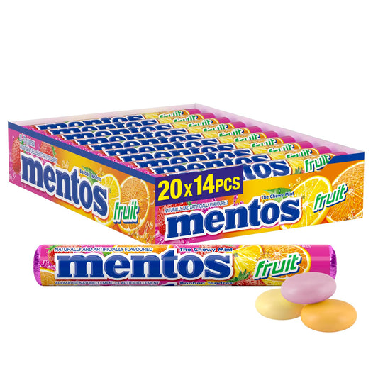 Mentos Chewy Mints, Fruit - Pack of 20 Rolls (280 Pieces), 37g per roll