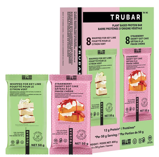 TRUBAR Vegan Protein Bar Variety Pack, Strawberry Shorty Got Cake & Whipped for Key Lime, Gluten Free, Plant Based Protein, Dairy Free, Non GMO, Soy Free, No Sugar Alcohols, 12G Protein, High Fiber, On the Go Snack Bars, 16 CT
