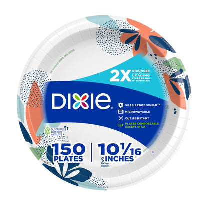 Dixie Large Paper Plates, 10 Inch, 150 Count, 2X Stronger, Microwave-Safe, Soak-Proof, Cut Resistant, Disposable Plates for Everyday Breakfast, Lunch, & Dinner Meals Dixie