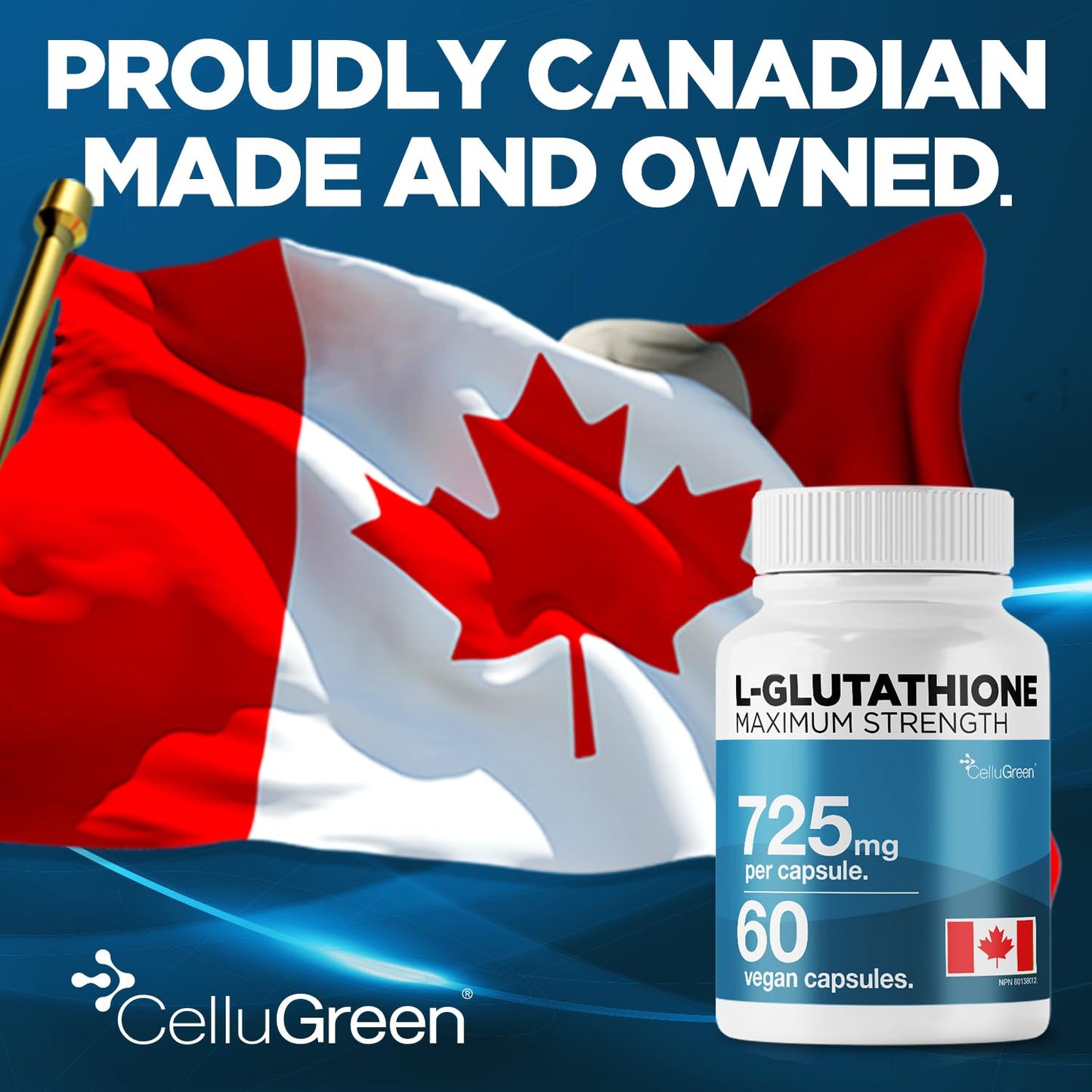 CelluGreen 725mg L-Glutathione MOST POWERFUL AVAILABLE Antioxidant Support for Cellular Health, Liver Detox, Skin & Immune Health, Vegan, Made in Canada. 60 Capsules - Available at All In One Marketplace Canada