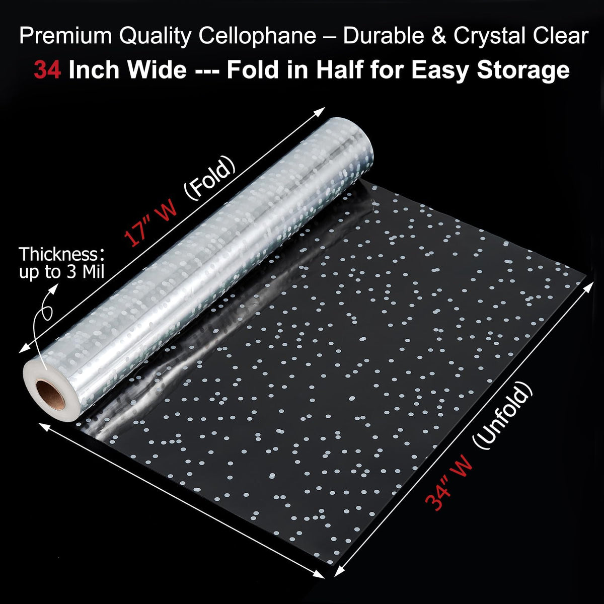 TIMEUPRISE 120 ft Clear Cellophane Wrap Roll (120 Ft x 34 in), 3 Mil Thicken Irregular White Dot Cellophane Gift Wrapping Paper Roll for Flower Bouquet Christmas Gift Baskets Wrap Extra Wide 🍁 All In One Marketplace Canada