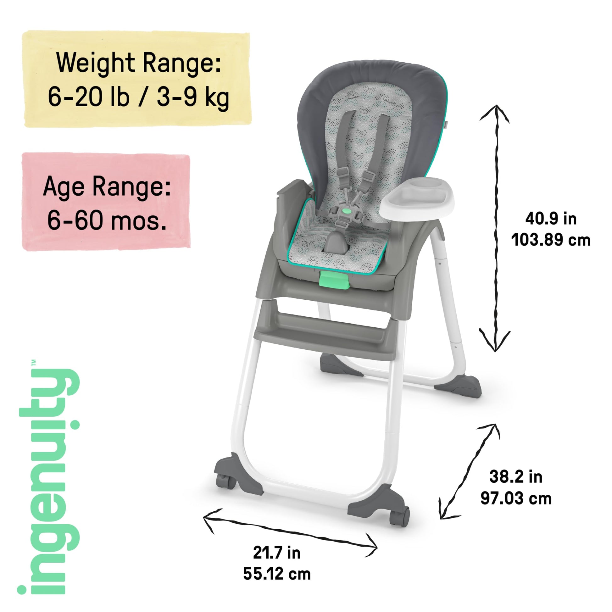 Ingenuity Full Course 6-in-1 High Chair - Baby to 5 Years Old, 6 Convertible Modes, 2 Dishwasher Safe Trays - Astro