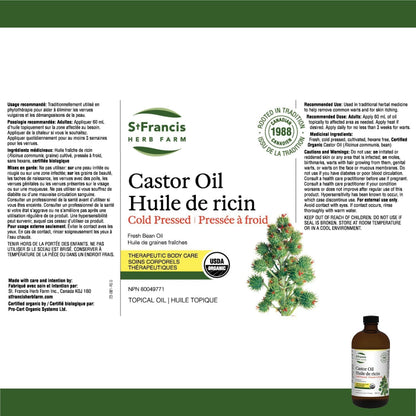 ST FRANCIS HERB FARM Castor Oil (500ml) USDA Certified Organic, Cold Pressed, Hexane-Free, GMO Free, Vegan, Vegetarian, Sealed in Protective Amber Glass (1 Bottle) Hair, Skin, and Nail Care - Available at All In One Marketplace Canada