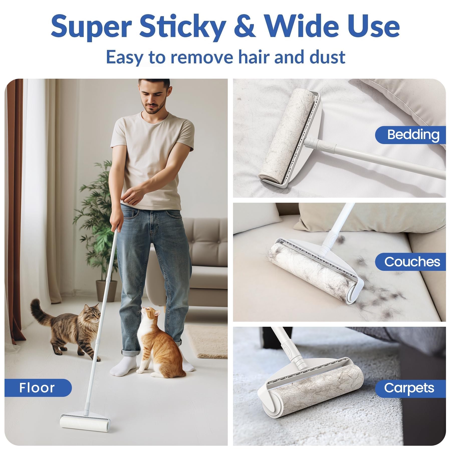 Large Lint Rollers for Carpet, Sticky Rollers for Floor DELOMO 9.45 in with 3 Extendable Handle, Long Handle Sticky Mop for Cleaning Carpets, Cars, Bedding, and Pet Hair, Ideal Gift for Pet Owners - Available at All In One Marketplace Canada