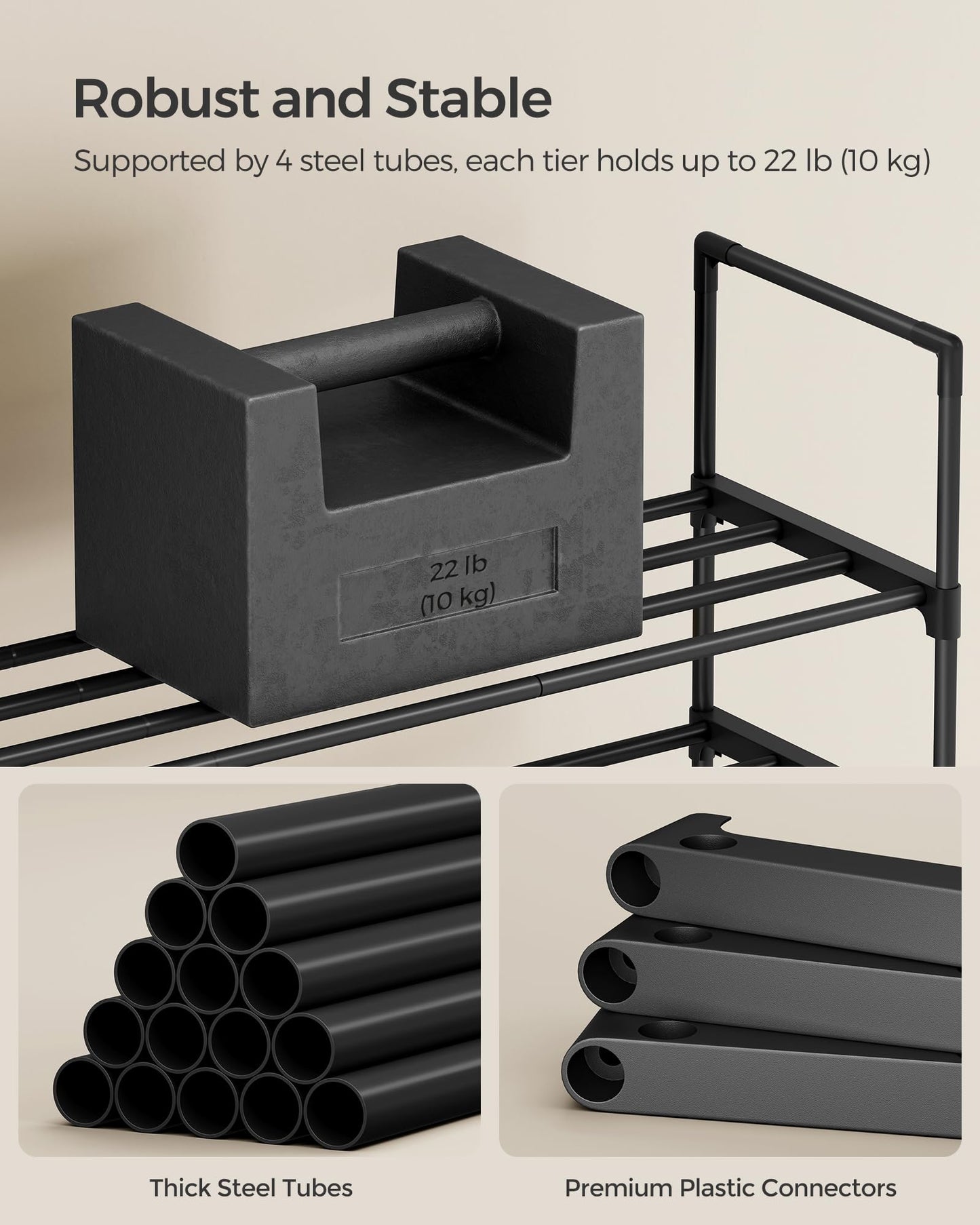 SONGMICS Shoe Rack, 3-Tier Shoe Organizer, Sturdy Storage Shelf, Upright or Upside Down, for 16-20 Pairs, Stackable, for Entryway, 30 x 92 x 55 cm, Black ULSA303B02