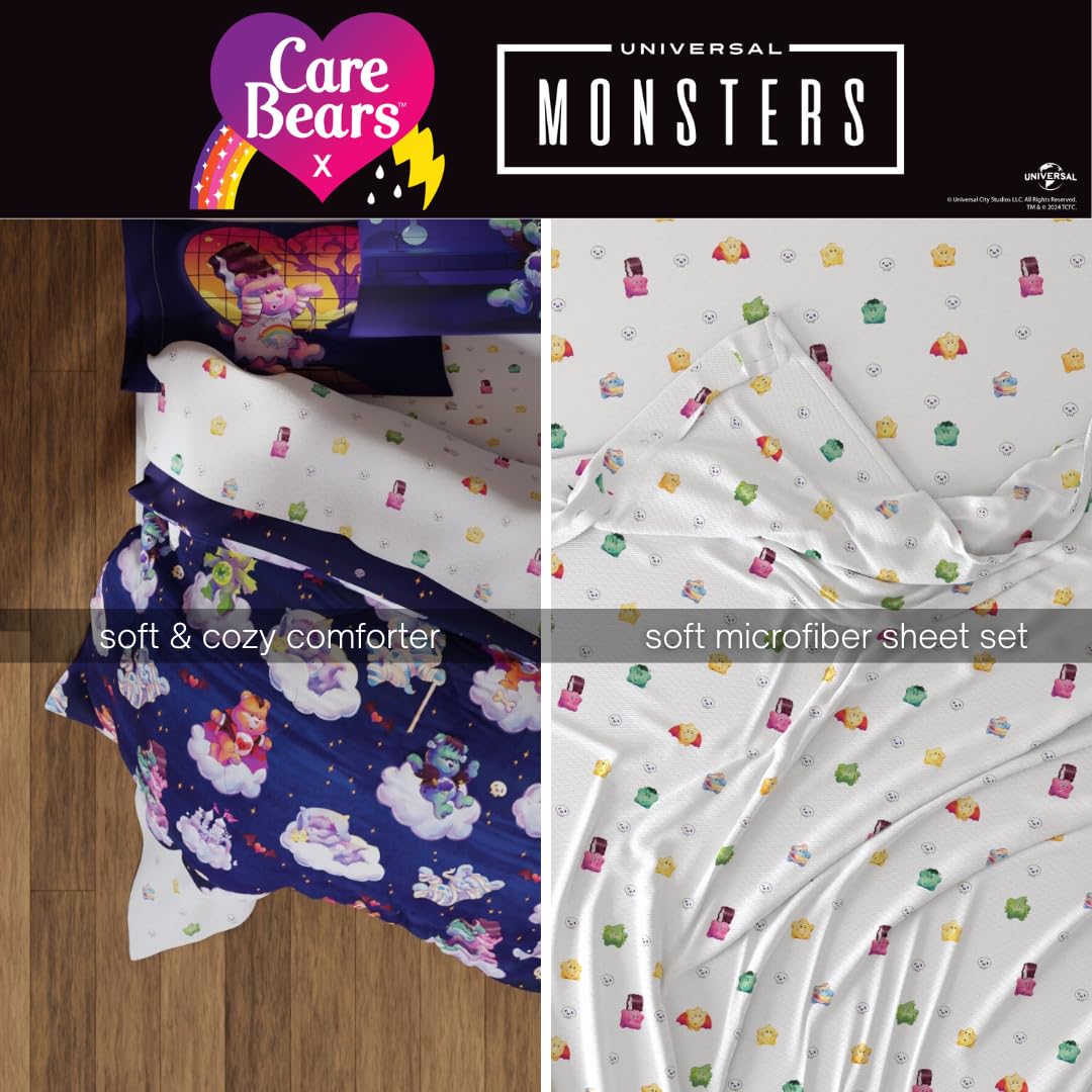Franco Care Bears x Universal Monsters Halloween Bedding 7 Piece Super Soft Cozy Reversible Comforter and Sheet Set with Sham, Full, (Officially Licensed Product)