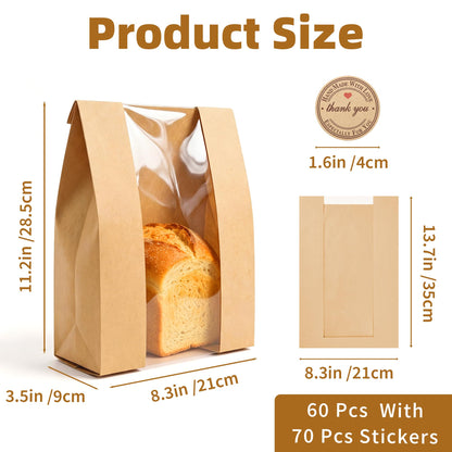 Homrelaxy 60Pcs Paper Bread Bags for Homemade Bread, Sourdough Bag with Window, 13.7 x 8.3 x 3.5 Inch Large Brown Kraft Bakery Bags for Storing Loaves & Snacks, Includes 70 Sealing Stickers - Available at All In One Marketplace Canada